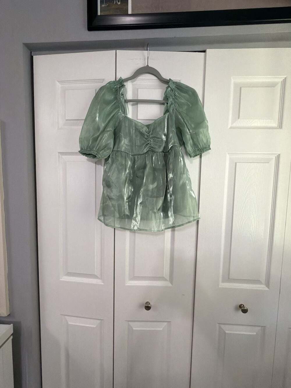 Altar'd State Sage Green Sheer Shimmer Puff Sleeve Peplum Blouse